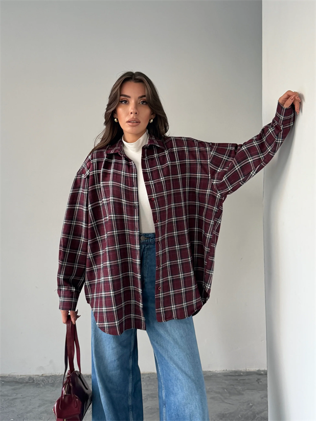 Kareli Oversize Gömlek - Bordo