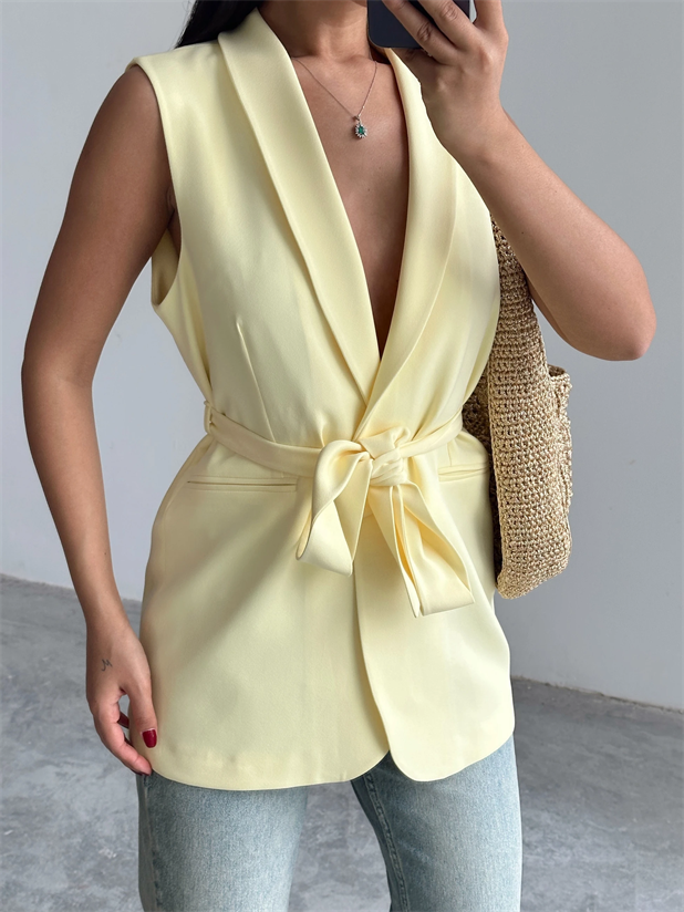 Bağlamalı Blazer Yelek  - Sarı