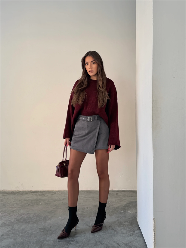 Süet Kemerli Şort Etek - Füme