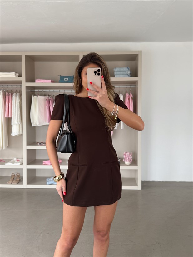 Süs Cep Balon Kol Mini Elbise - Kahve