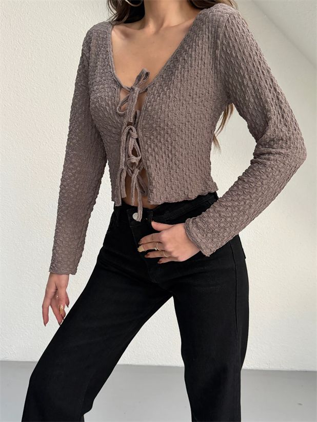 Önü Bağlamalı Bluz - Vizon