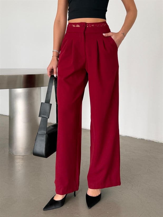 Kemeri Dantel Detaylı Palazzo Pantolon  - Bordo