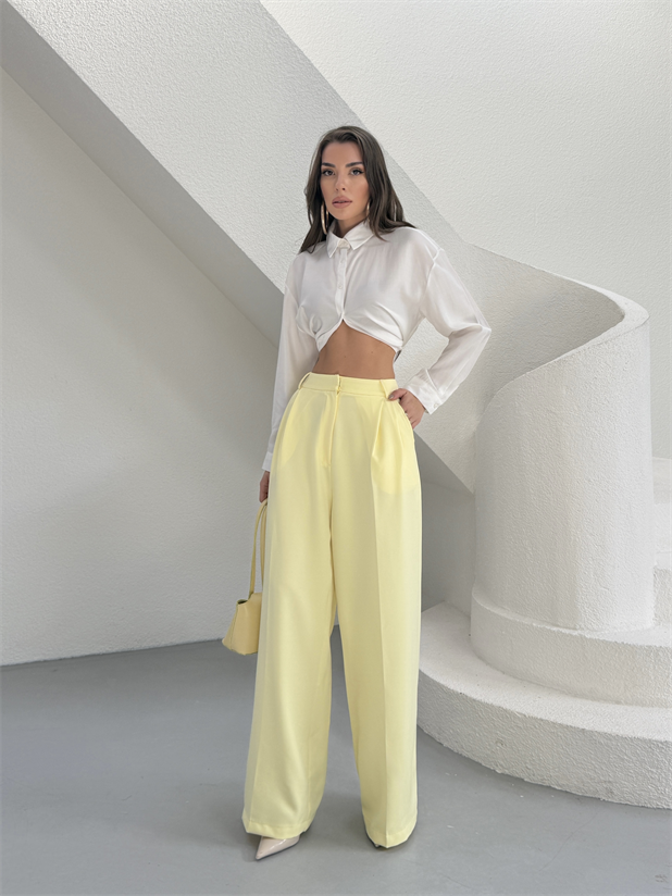 Çift Pileli Palazzo Pantolon - Sarı