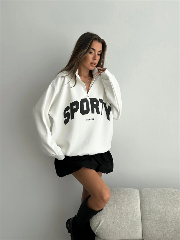 Sporty Yarım Fermuar Sweat - Ekru