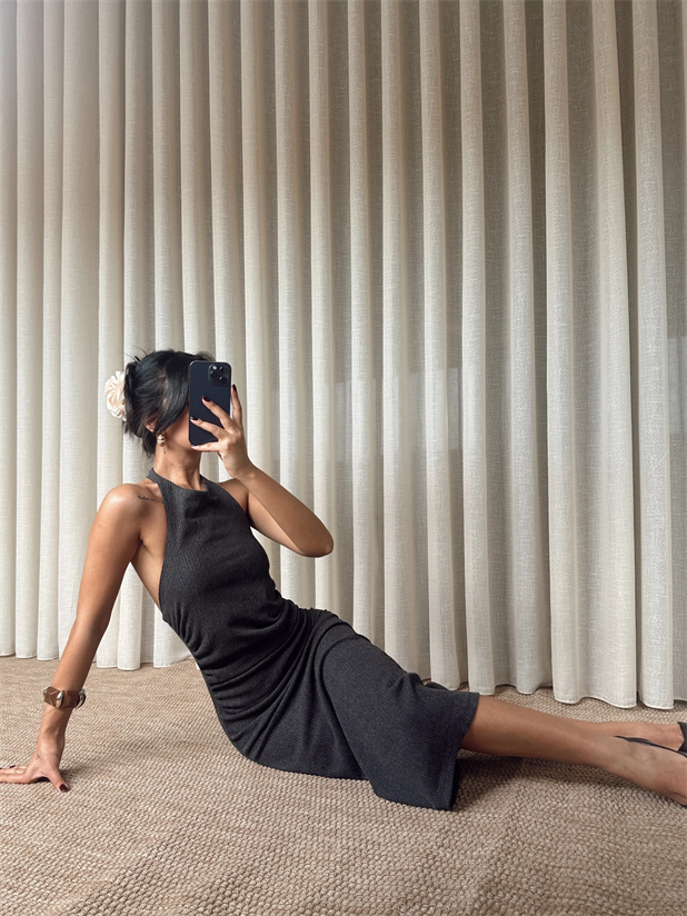 Sırt Dekolte Elbise - Antrasit