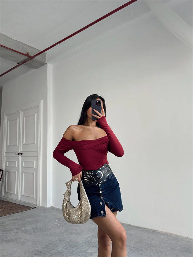 Yaka Katlama Bluz  - Bordo