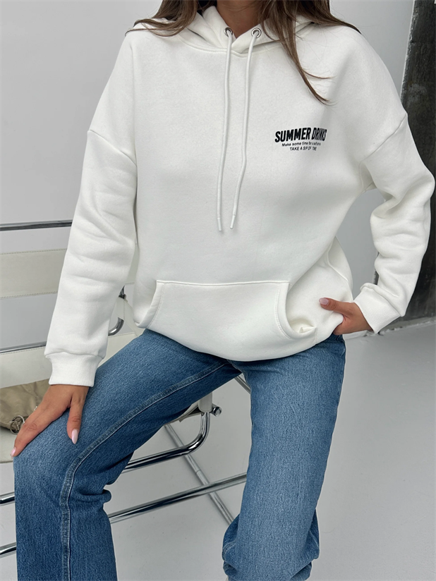 Baskılı Kapüşonlu Oversize Sweat - Beyaz