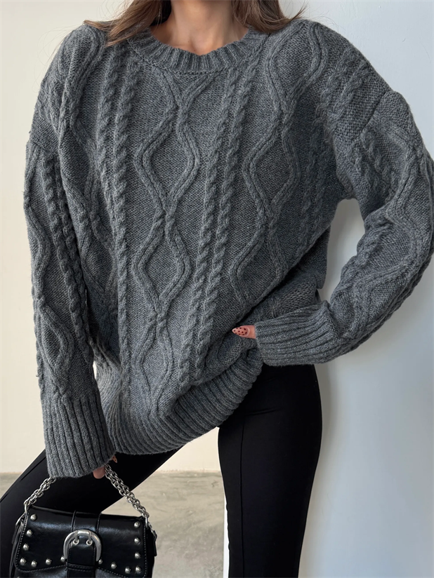 Saç Örgü Desenli Yıkamalı Triko - Antrasit