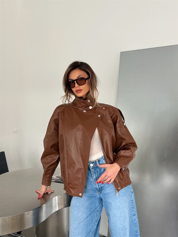 Oversize Iconıc Deri Ceket - Taba