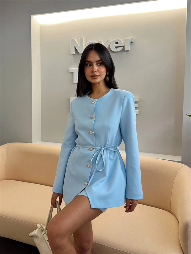 Belden Bağlamalı Bisiklet Yaka Ceket  - Bebe Mavi