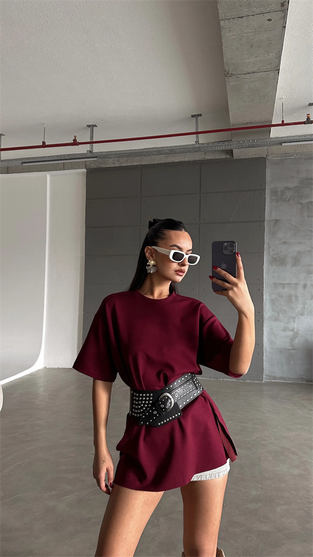 Yan Yırtmaç Oversize Basic - Bordo