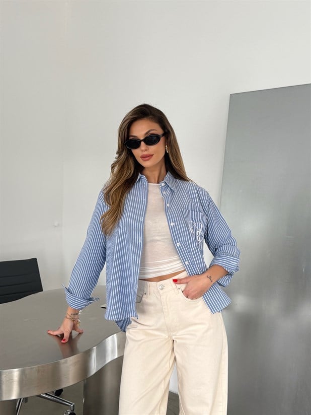 Nakış Detaylı Gömlek - Mavi