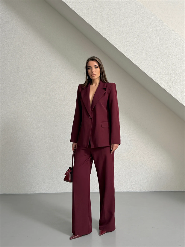 Tek Düğme Ceket-Pantolon Takım  - Bordo
