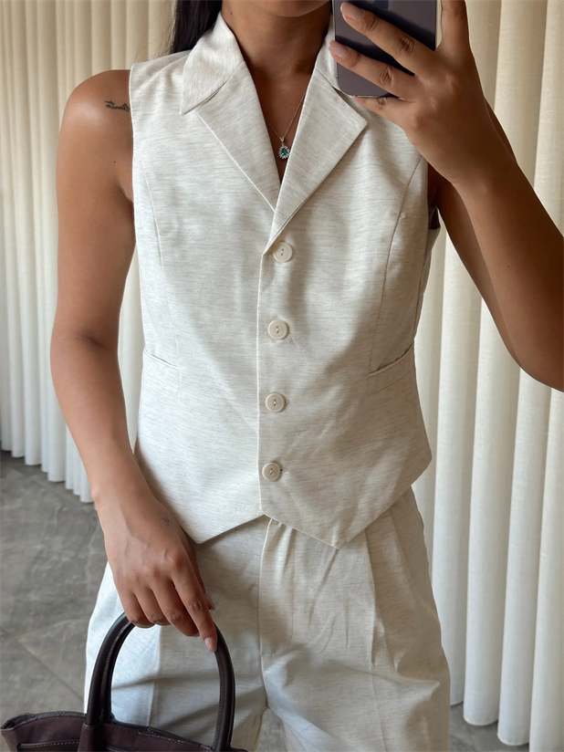 Kırlangıç Yaka Keten Yelek - Krem