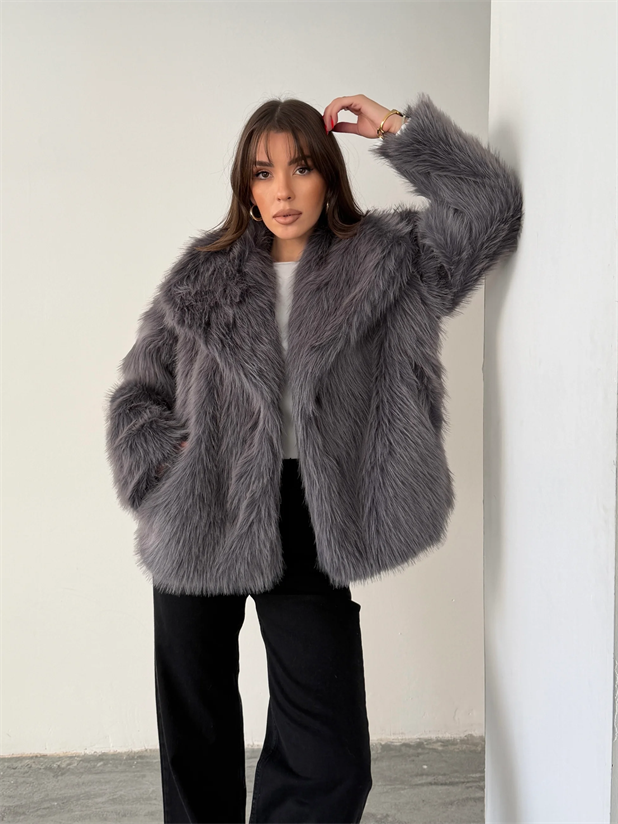 Çıtçıtlı Suni Kürk Ceket - Antrasit