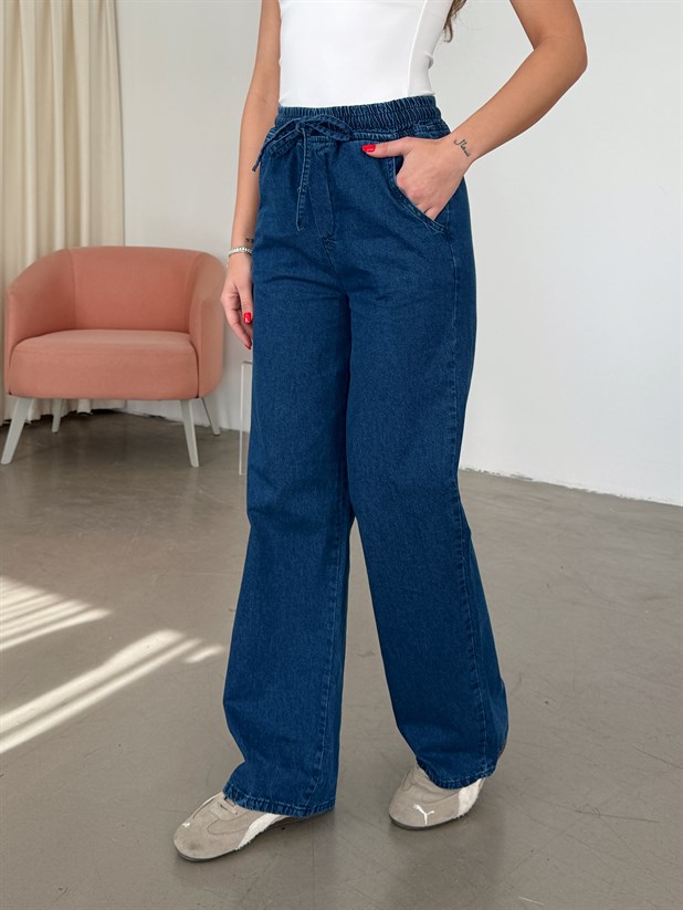 Beli Lastikli Kordonlu Denim Palazzo - Lacivert