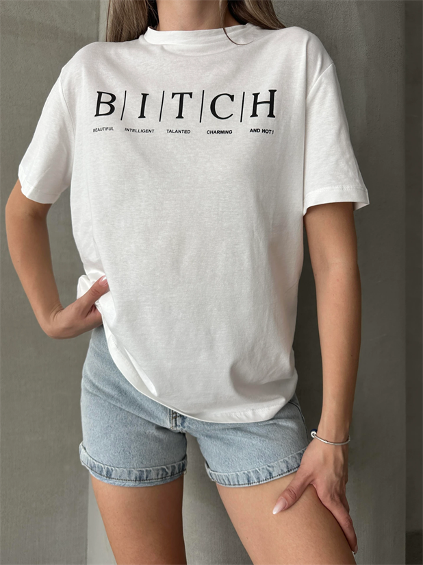 Bitch Baskı Basic T-Shirt Beyaz - Beyaz