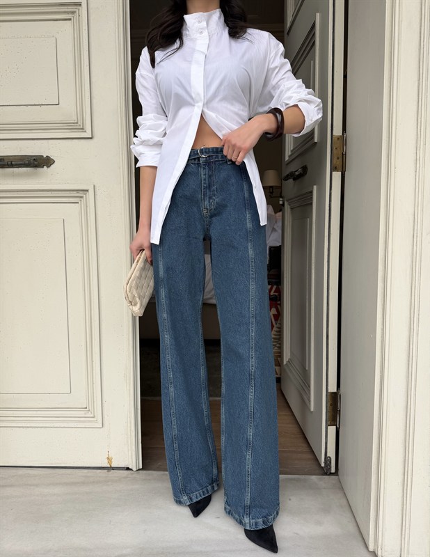 Kemerli Wide Leg Jean - Mavi