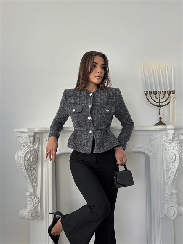 Kemer Detaylı Düğmeli Ceket - Füme