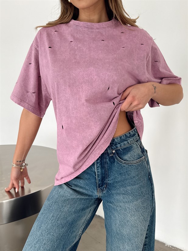 Delikli Yıkama T-shirt - Lila