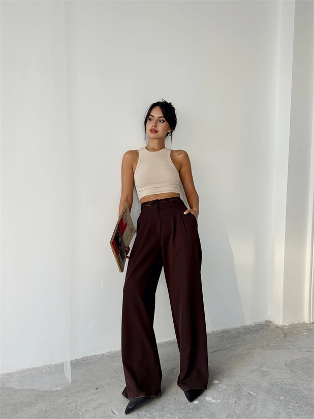 Kemeri Dantel Detaylı Palazzo Pantolon  - Kahve