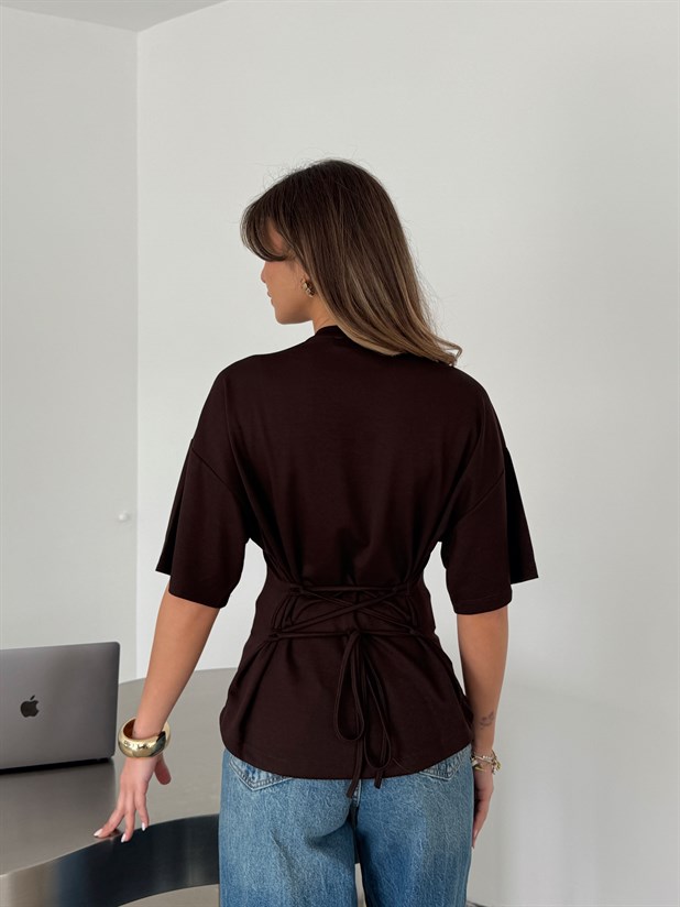 Bisiklet Yaka Biyeli Modal Bluz - Kahve