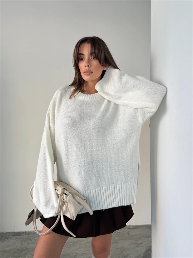 Yırtmaçlı Basic Triko  - Ekru