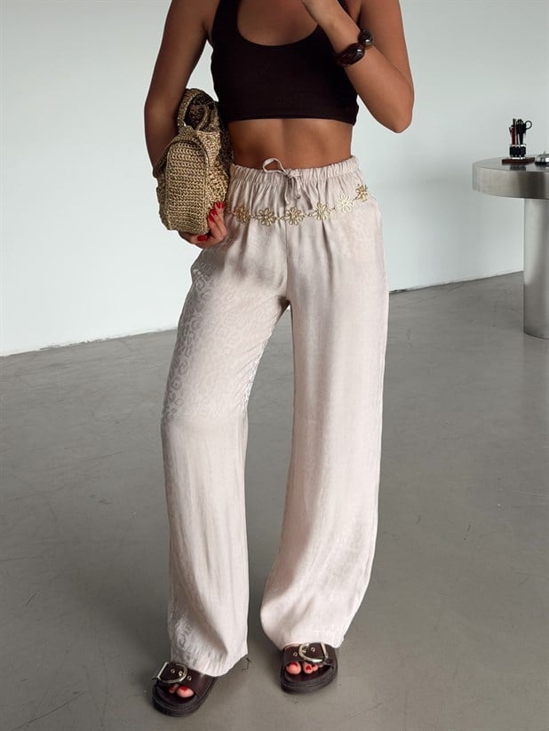 Desenli Parlak Keten Pantolon - Taş