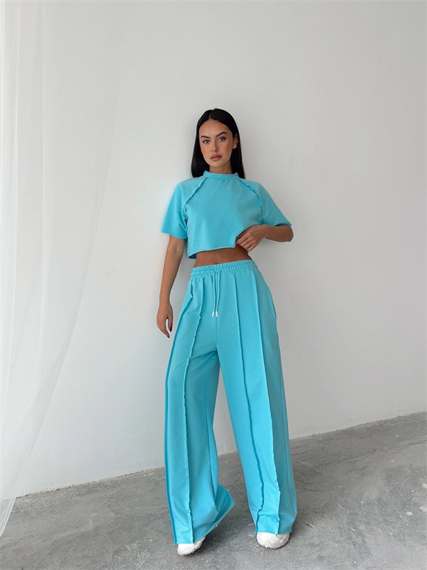 Ters Dikiş Detay Crop Takım - Mavi