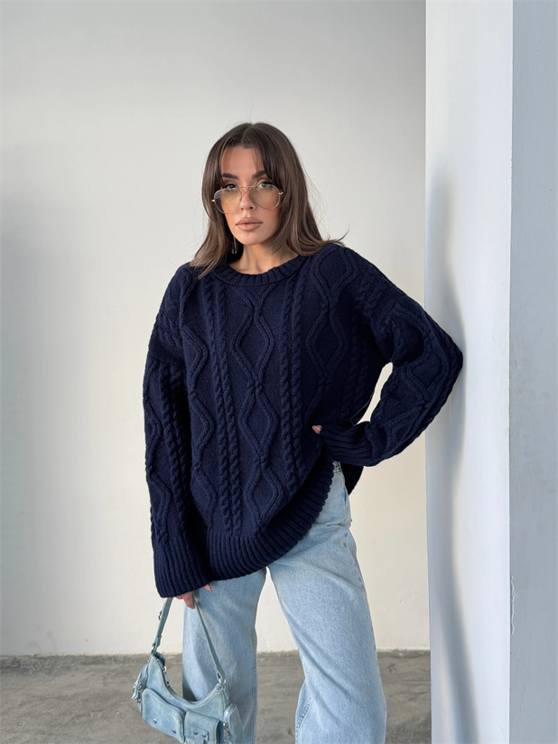 Saç Örgü Desenli Yıkamalı Triko - Lacivert