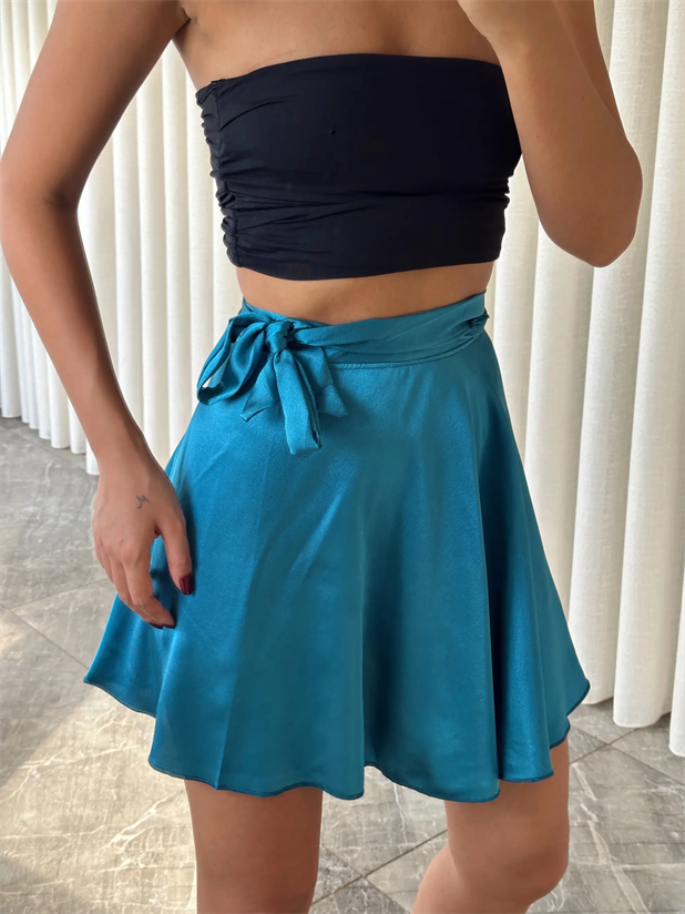 Belden Bağlamalı Saten Etek Petrol Mavisi - Petrol Mavisi