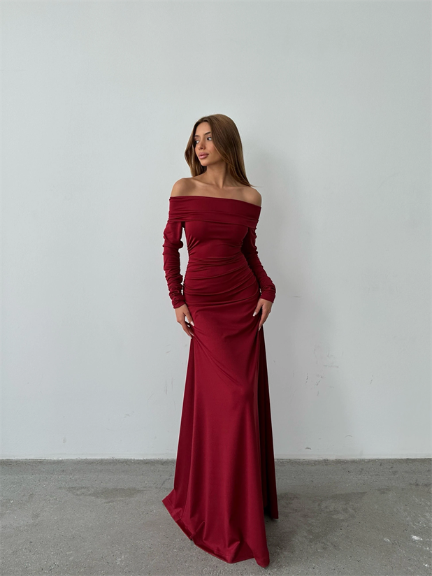 Madonna Yaka Uzun Elbise Bordo - Bordo