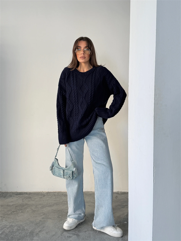 Saç Örgü Desenli Yıkamalı Triko - Lacivert