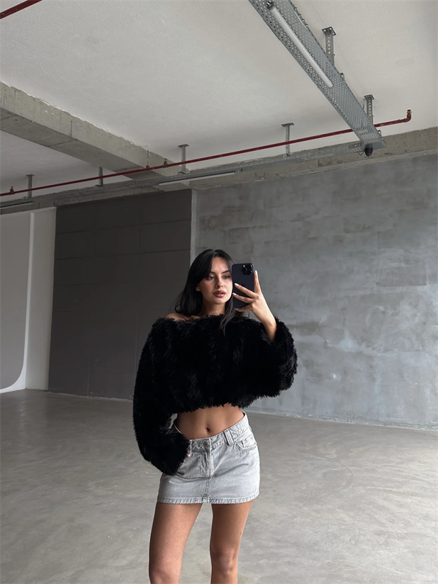 Peluş Crop Kazak Siyah - Siyah