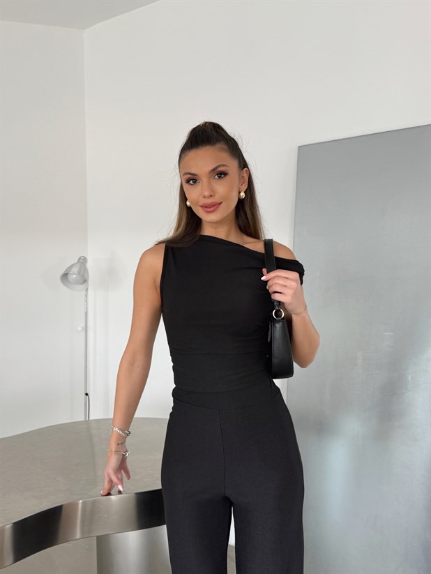 Dökümlü Bluz Pantolon Takım - Siyah