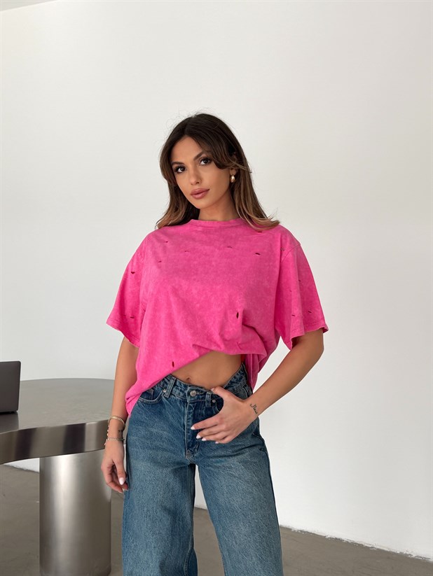 Delikli Yıkama T-shirt - Pembe
