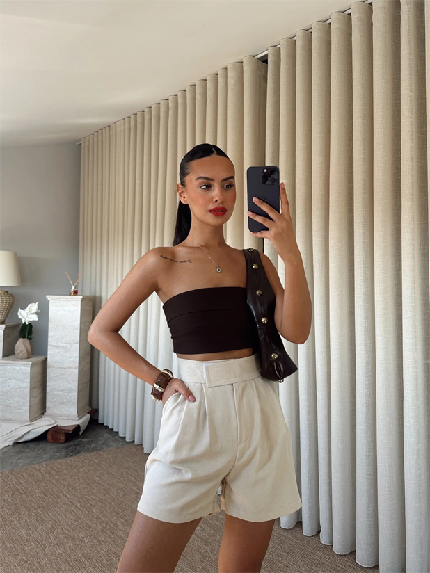 Cırtlı Keten Şort - Bej