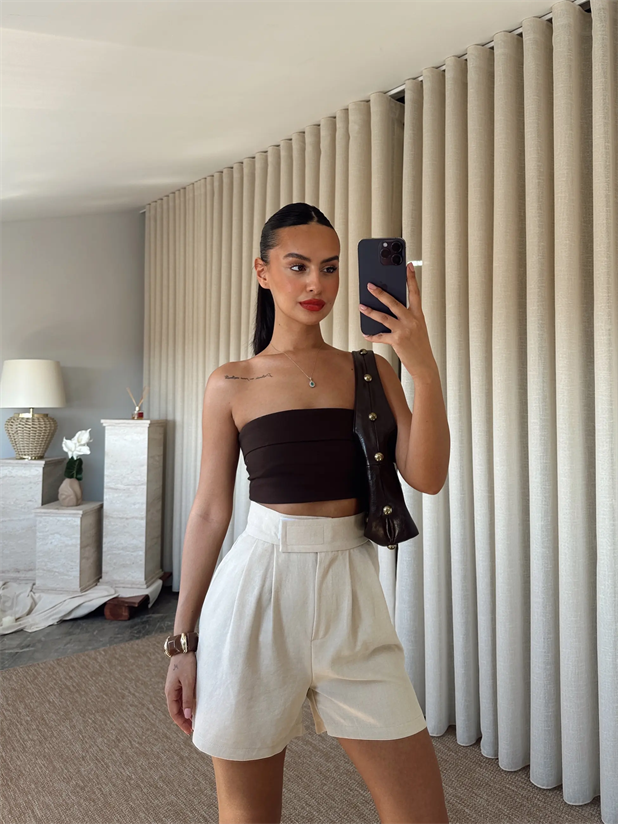 Cırtlı Keten Şort - Bej