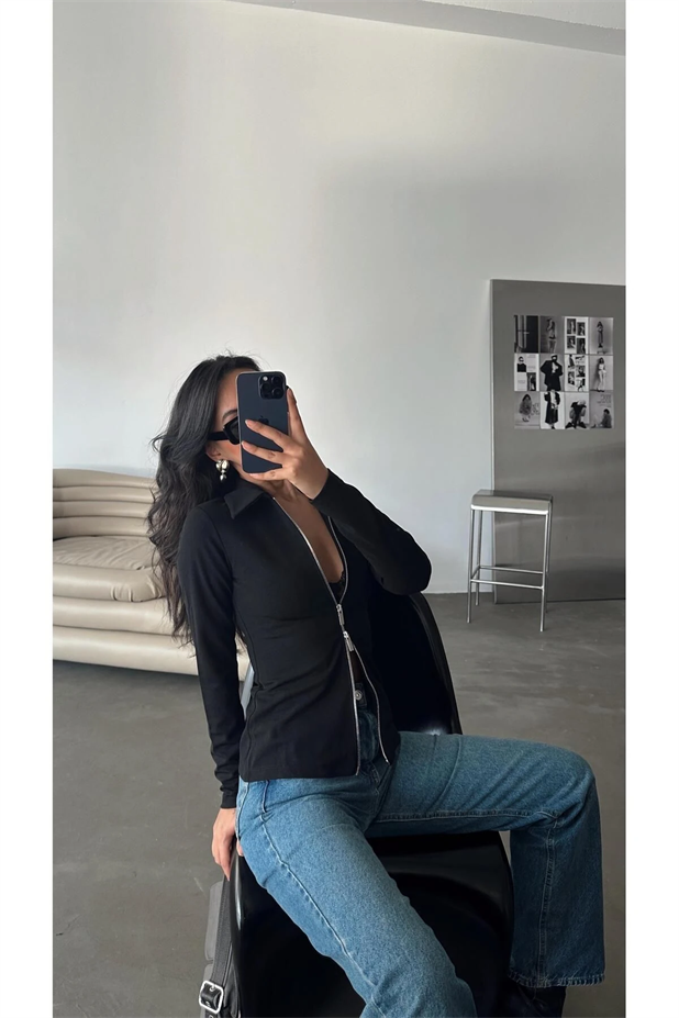 Nora Fermuarlı Bluz Siyah - Siyah