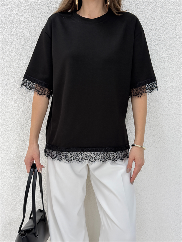 Dantel Detay Basic Tshirt - Siyah