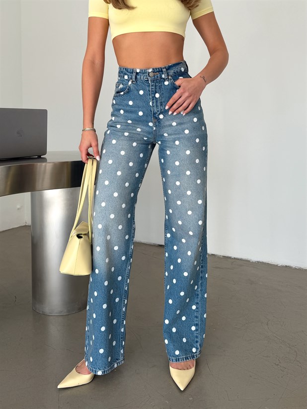 Puantiye Desenli Jean Palazzo - Mavi