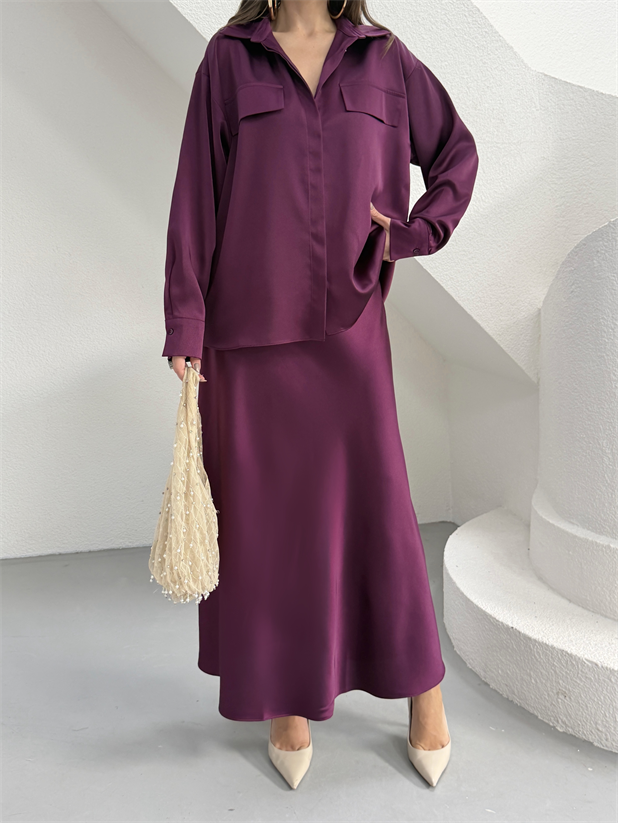 Krep Saten Gömlekli Takım - Mürdüm