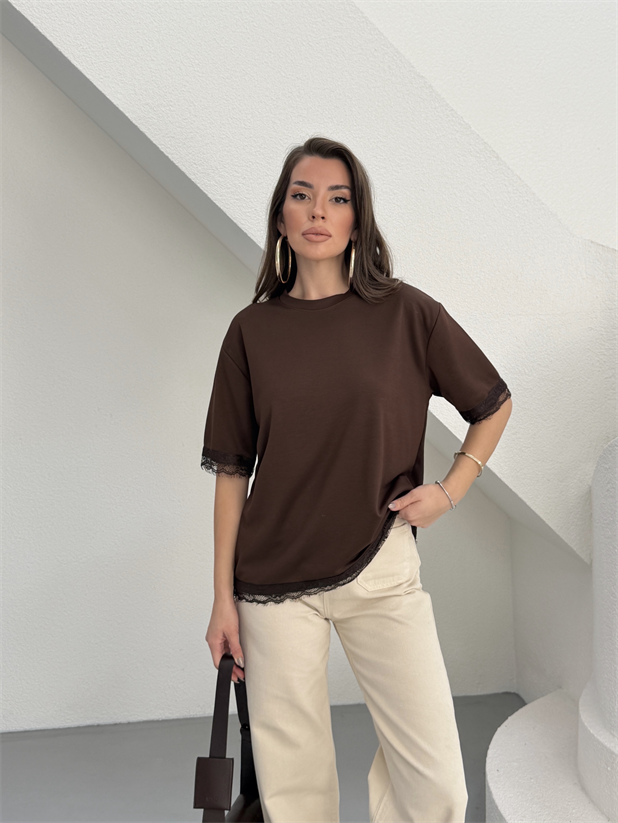 Dantel Detay Basic Tshirt - Kahve