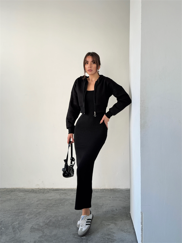 Fermuarlı Sweat Elbise Takım  - Siyah