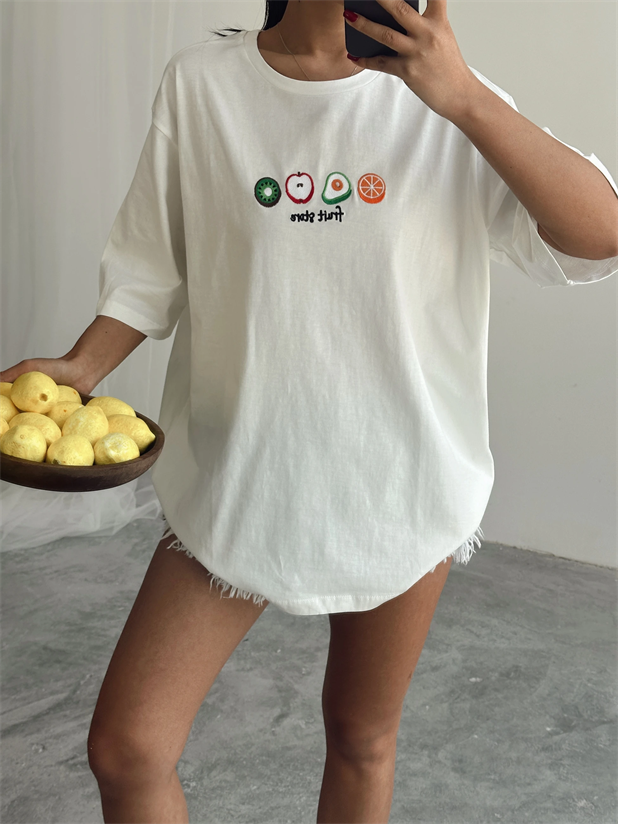 Fruit Nakış Basic T-shirt Beyaz - Beyaz