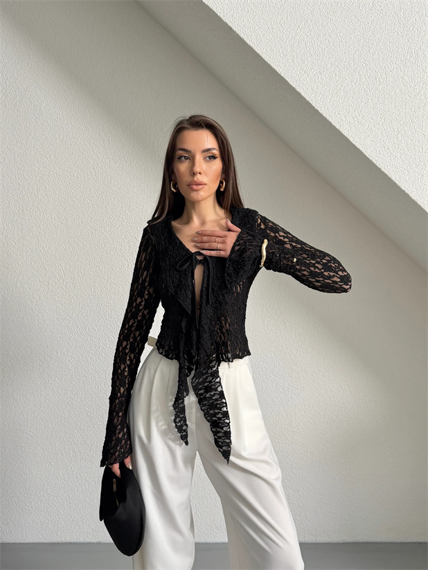 İspanyol Kol Bağcıklı Dantel Bluz - Siyah