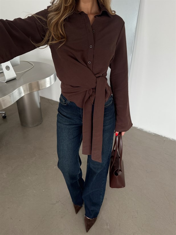 Önü Bağlamalı Gömlek - Kahve