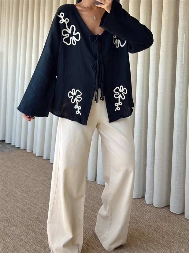 Nakışlı Kimono Takım  - Siyah