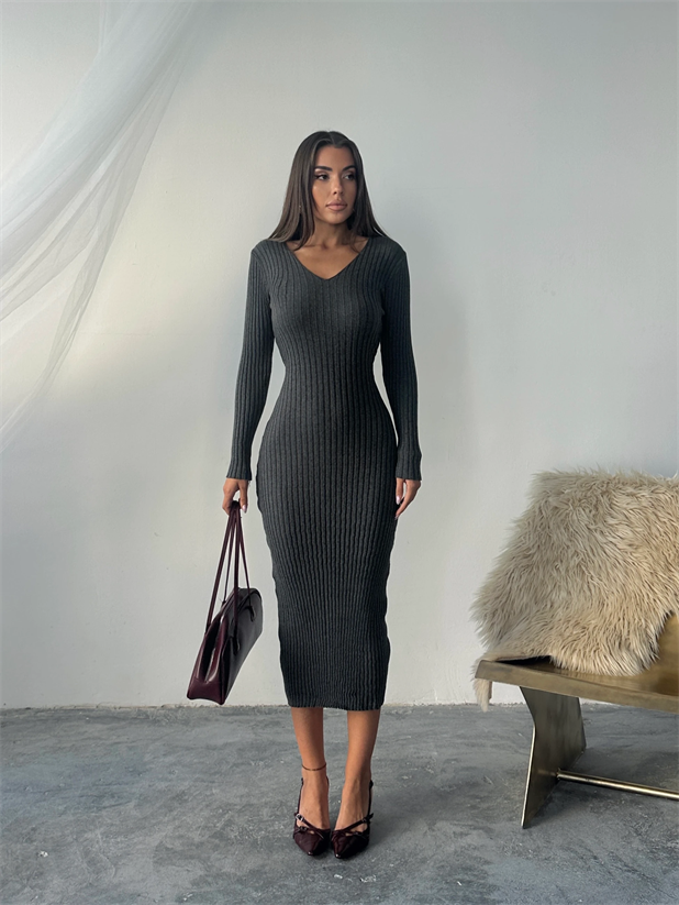 Bel Bağlama Triko Elbise - Füme