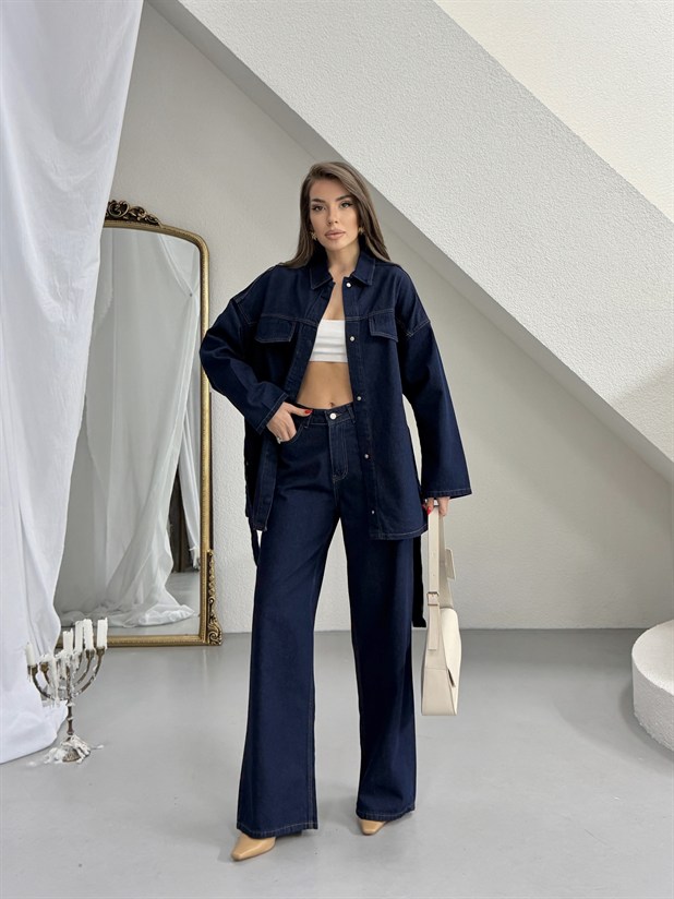 Cep Detaylı Denim Takım - Lacivert